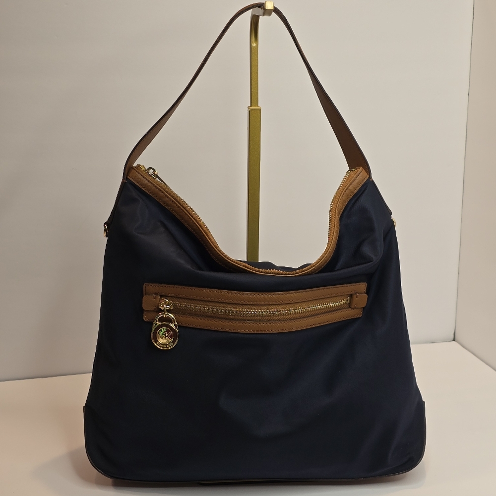 Michael Kors Blue and Tan Nylon Shoulder Bag Slouchy Hobo with Lock Zipper Pull